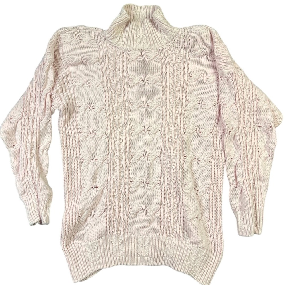 Forenza Sweater Women M Pink Cable Knit Mock Neck Vintage Ramie Cotton Blend 90s